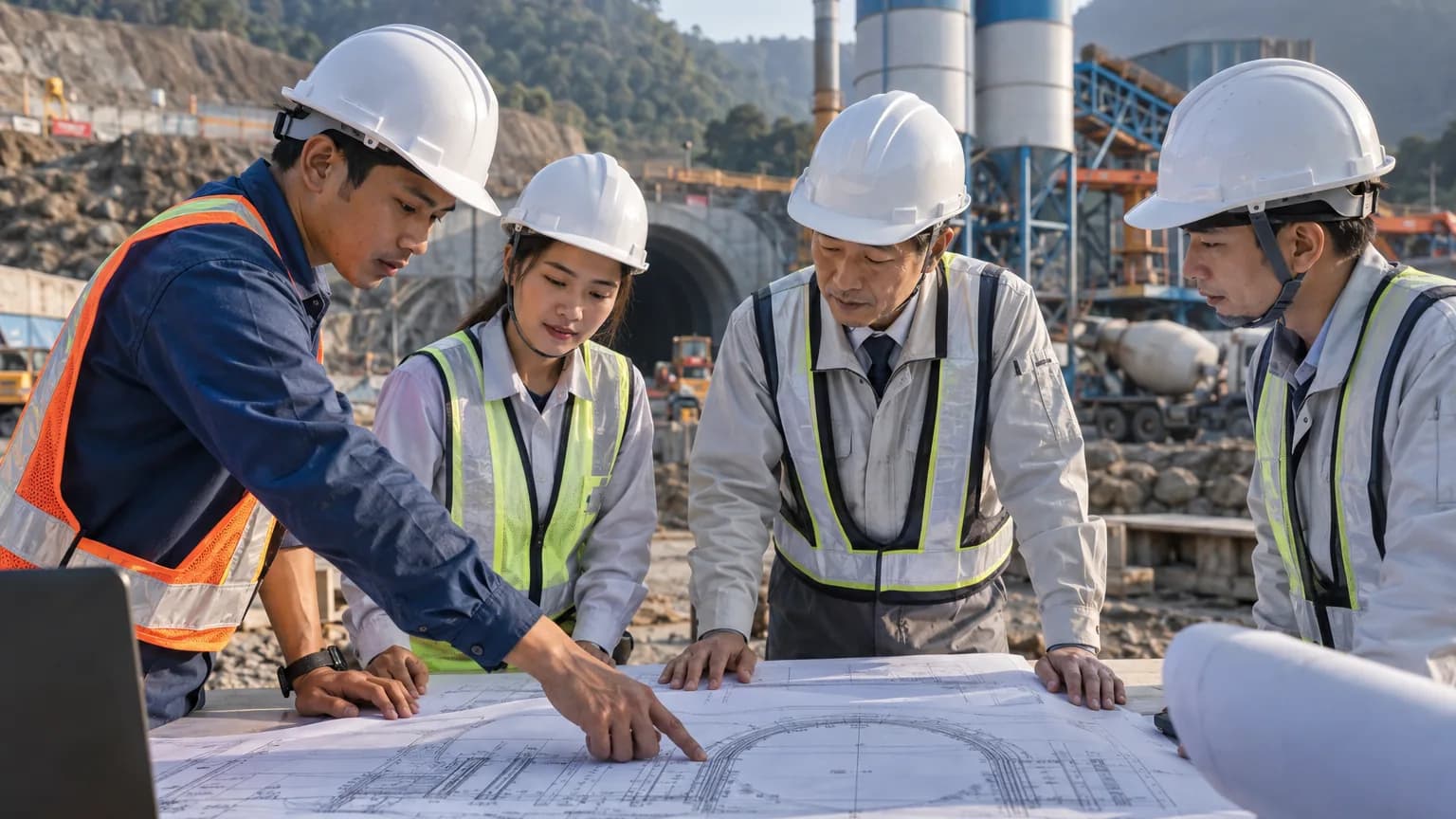 Kỹ sư Việt Nam và Nhật Bản rà soát bản vẽ tại công trường – Hình minh họa