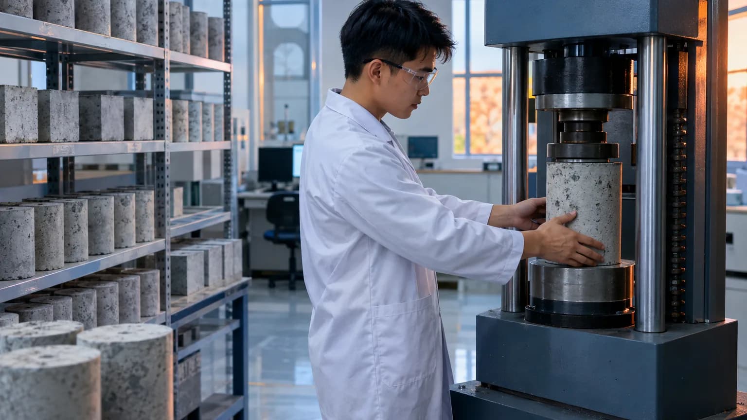 Thí nghiệm nén mẫu bê tông trụ trong phòng thí nghiệm – Hình minh họa